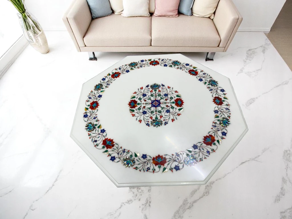 Handcrafted Marble Inlay Side Table with Stand Base